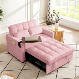 rockingrun 3 in 1 velvet pull out sofa bed with hidden side table, convertible loveseat sleeper with 3 speed adjustable backrest and side pockets, tufted futon couch for living room bedroom (pink)