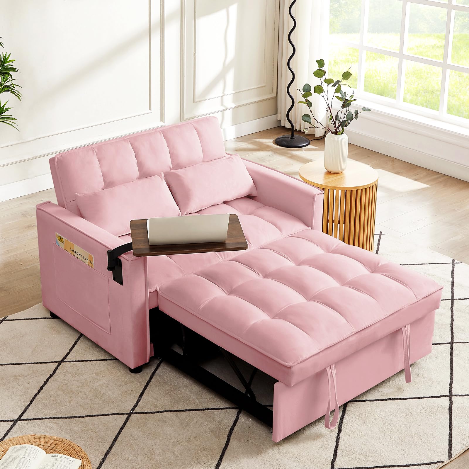 ROCKINGRUN 3 in 1 Velvet Pull Out Sofa Bed with Hidden Side Table, Convertible Loveseat Sleeper with 3 Speed Adjustable Backrest and Side Pockets, Tufted Futon Couch for Living Room Bedroom (Pink)