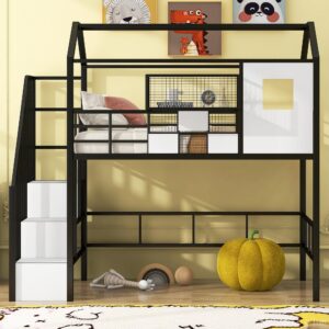 twin loft bed with storage stairs, roof, window and guardrail, house loft bed twin size/metal loft bed with storage box, twin loft bed for kids, girls boys, twin size house loft bed black