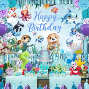 GPWXYYY Under the Sea Birthday Party Decorations, 48Pcs Turtle Theme Party Decorations Include Backdrop Banner Pom Poms Tassel Curtains Balloons for Ocean Birthday Party Decor