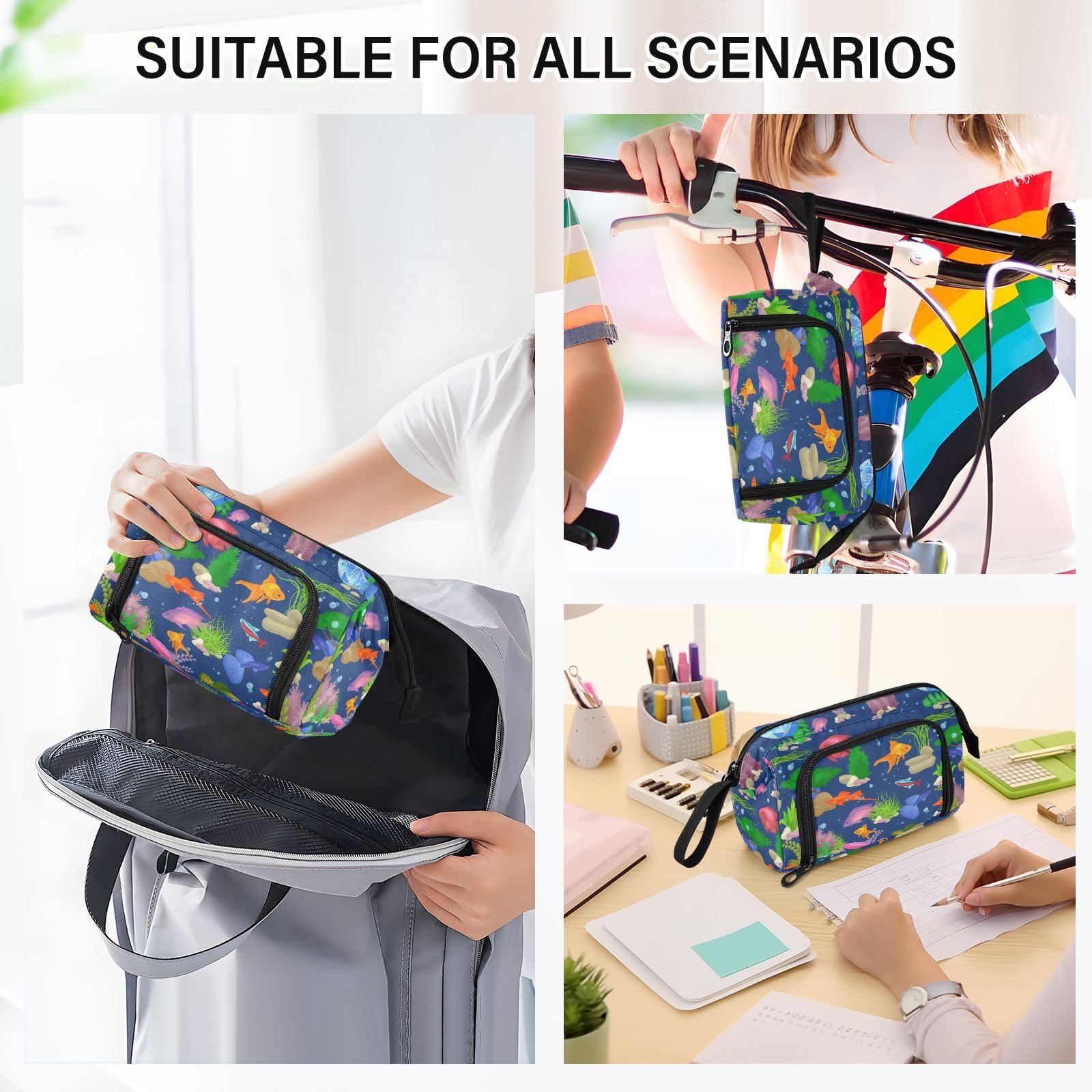 PJGINUIUA Pencil Case School Supplies Pouch, Ocean Fish Nylon Handheld Pen Bag Big Makeup Bag for Teen Boys Girls School Students