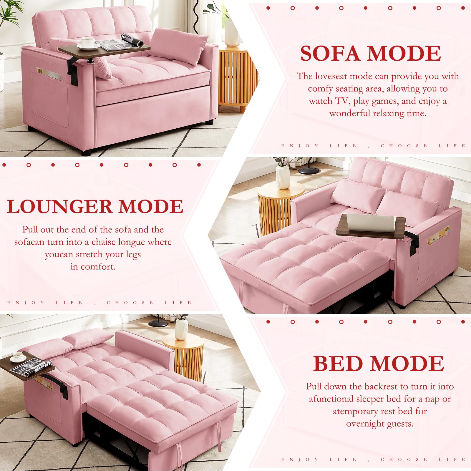 ROCKINGRUN 3 in 1 Velvet Pull Out Sofa Bed with Hidden Side Table, Convertible Loveseat Sleeper with 3 Speed Adjustable Backrest and Side Pockets, Tufted Futon Couch for Living Room Bedroom (Pink)