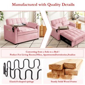 ROCKINGRUN 3 in 1 Velvet Pull Out Sofa Bed with Hidden Side Table, Convertible Loveseat Sleeper with 3 Speed Adjustable Backrest and Side Pockets, Tufted Futon Couch for Living Room Bedroom (Pink)