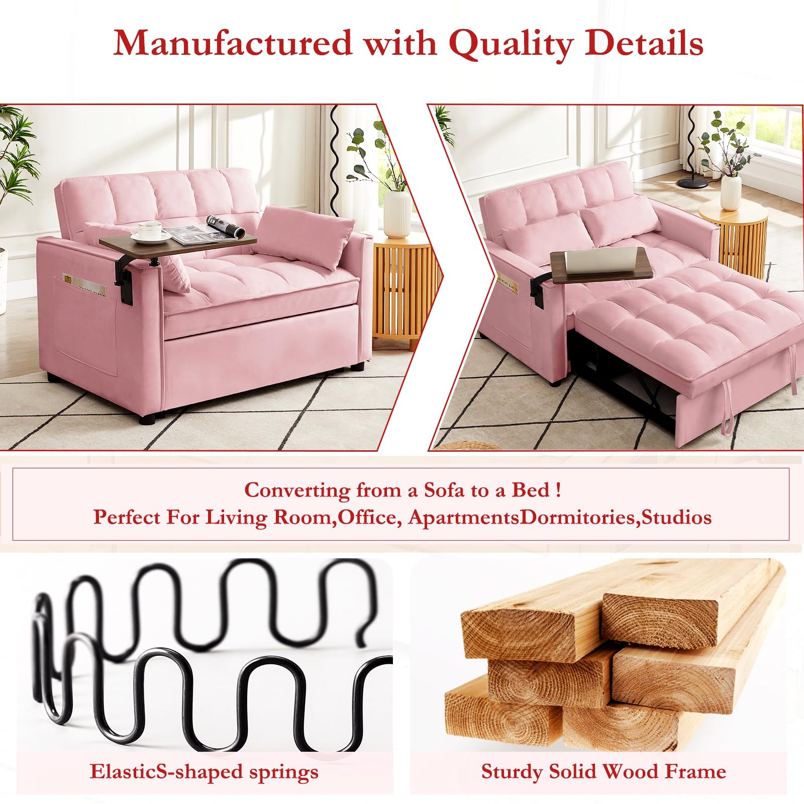 ROCKINGRUN 3 in 1 Velvet Pull Out Sofa Bed with Hidden Side Table, Convertible Loveseat Sleeper with 3 Speed Adjustable Backrest and Side Pockets, Tufted Futon Couch for Living Room Bedroom (Pink)