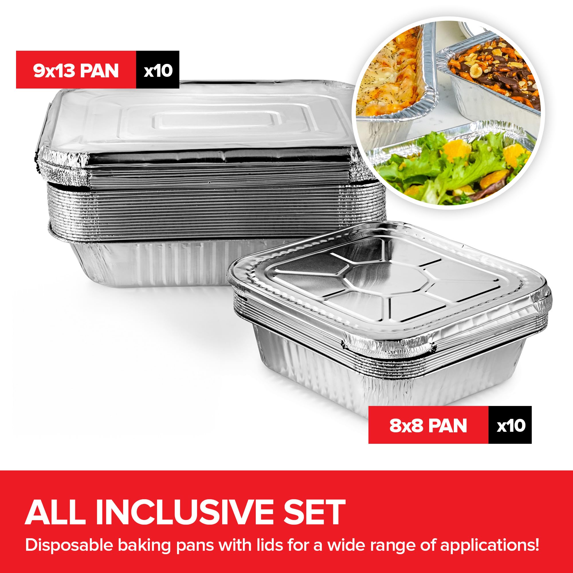 Disposable Foil Pans with Lids (Set of 20) Heavy Duty Aluminum Pans with Lids 9x13 (x10), 8x8 (x10) Baking Tins with Covers for Cooking, Heating, Storing, Food Prep, Holiday Dinner Meals