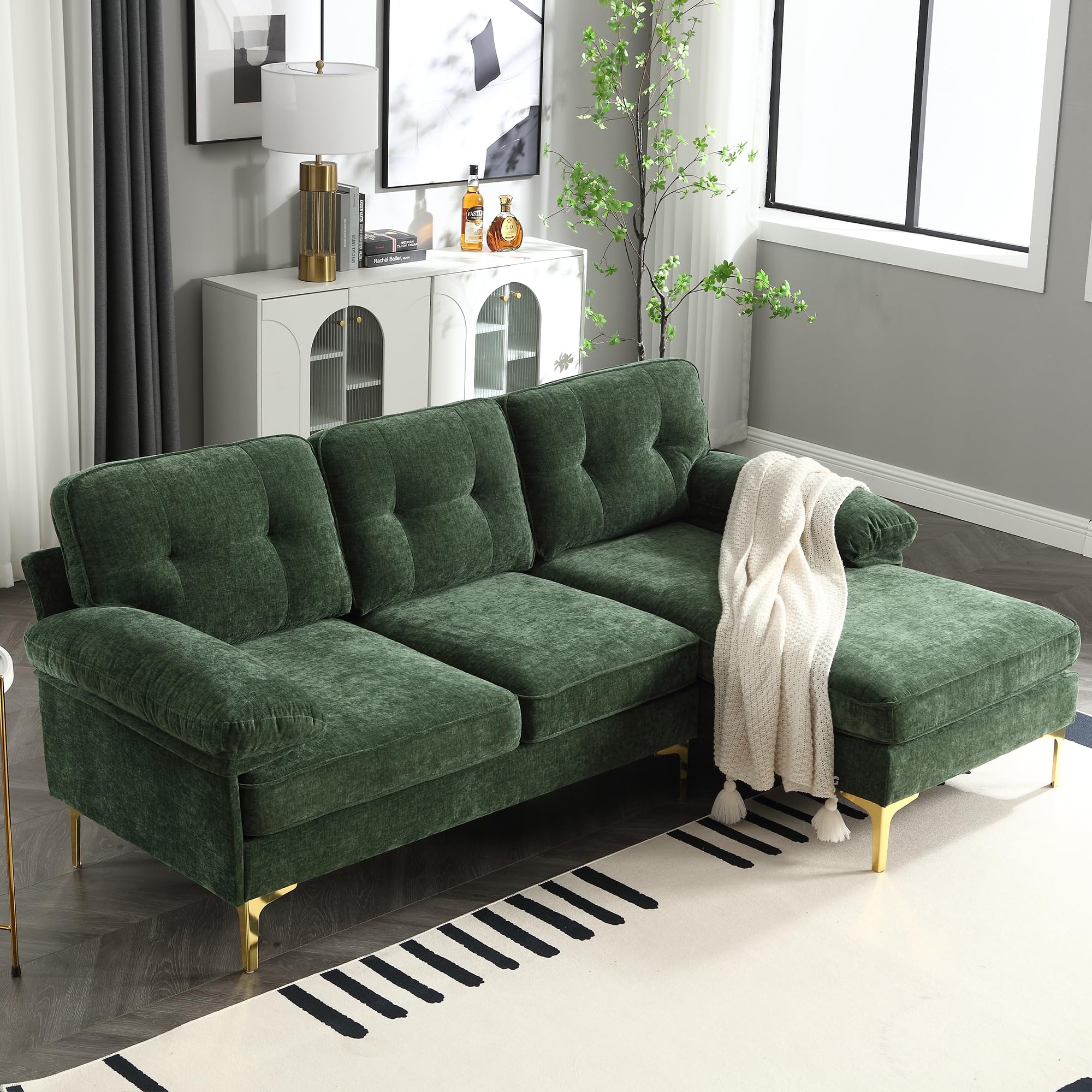 GNIXUU Convertible 83" L-Shaped Sofa Couch, Modern Chenille Sectional Sofa with Chaise, Upholstered 3 Seater Couch for Living Room, Apartment, Office, Small Place(Green)