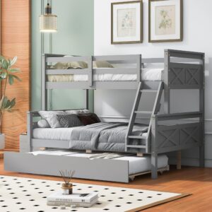 Merax Twin Over Full Bunk Bed with Trundle, Ladder & Safety Guardrail, Wooden Bunk Bed Frame for Kids Adults Teens Bedroom, Convertible to 2 Separated Beds, No Box Spring Needed, Easy Assembly, Grey