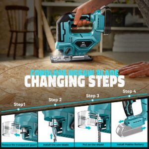 Jig Saw for Makita 18V Battery, Cordless Jigsaw Tool Brushless Motor, Variable Speed, Bevel Angle (0°-45°), LED Light with 3 Position Orbital Setting for Straight/Curve/Circle/Cutts (No Battery)