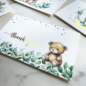 4x6 Greenery Teddy Bear Thank You Cards (Bulk 20-Pack) Baby Shower Thank You Cards with Envelopes, Birthday Party, Weddings, Greeting, Blank Notes, Girl Boy, Gold, Rustic, We can bearly wait