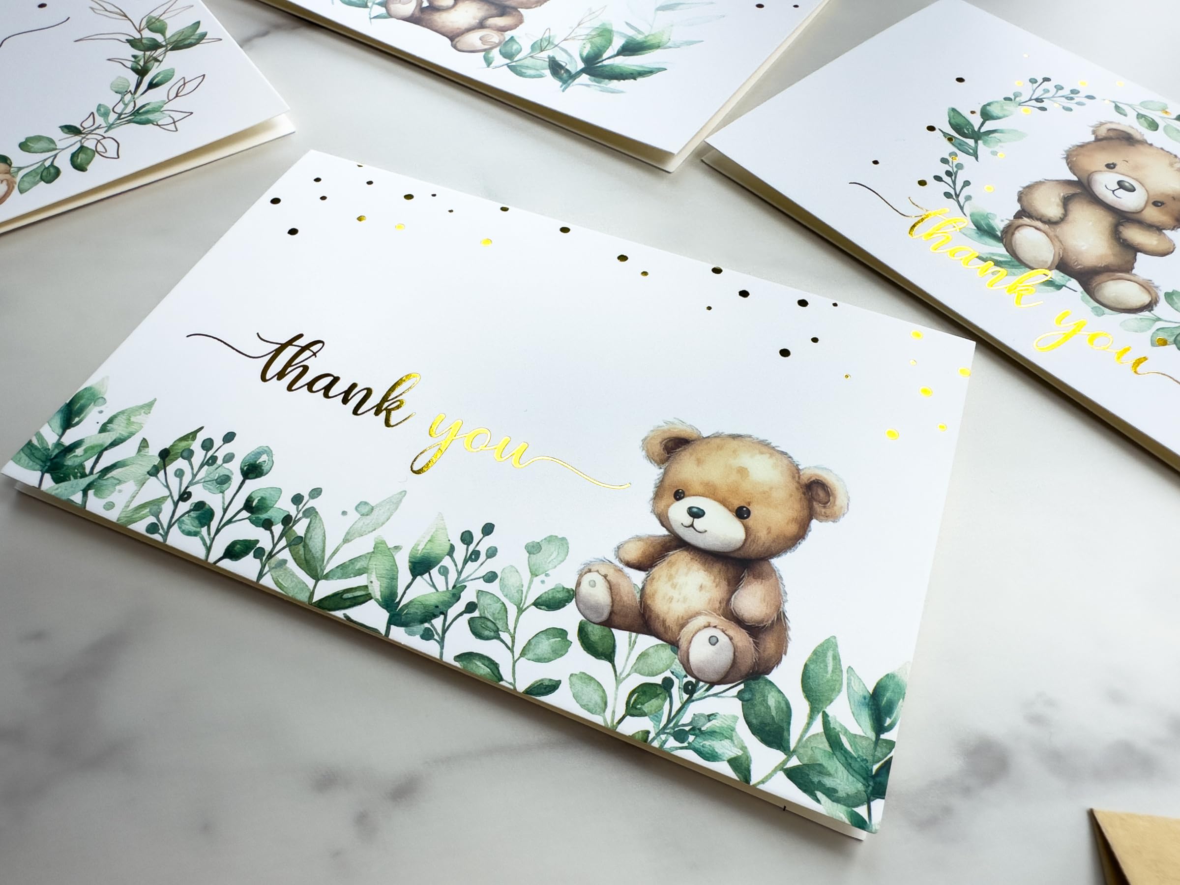 4x6 Greenery Teddy Bear Thank You Cards (Bulk 20-Pack) Baby Shower Thank You Cards with Envelopes, Birthday Party, Weddings, Greeting, Blank Notes, Girl Boy, Gold, Rustic, We can bearly wait