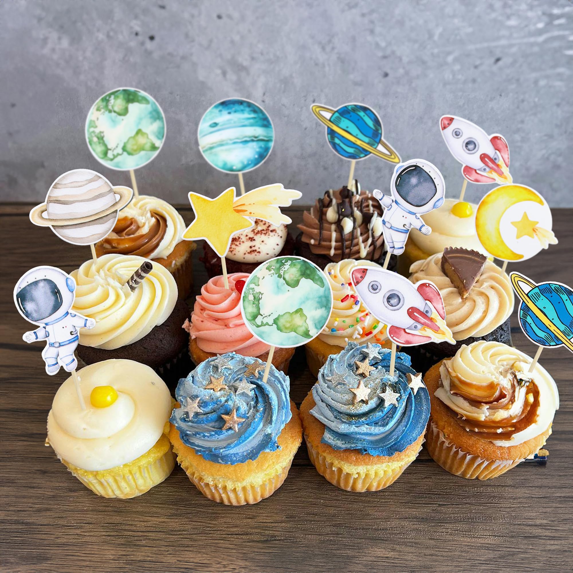 Ephlyn 36Pcs Space Astronaut Cupcake Toppers Planet Rocket Spaceship Trip to the Moon Star Cupcake Food Picks Universe Outer Space Theme Baby Shower Kids Birthday Party Supplies Blue