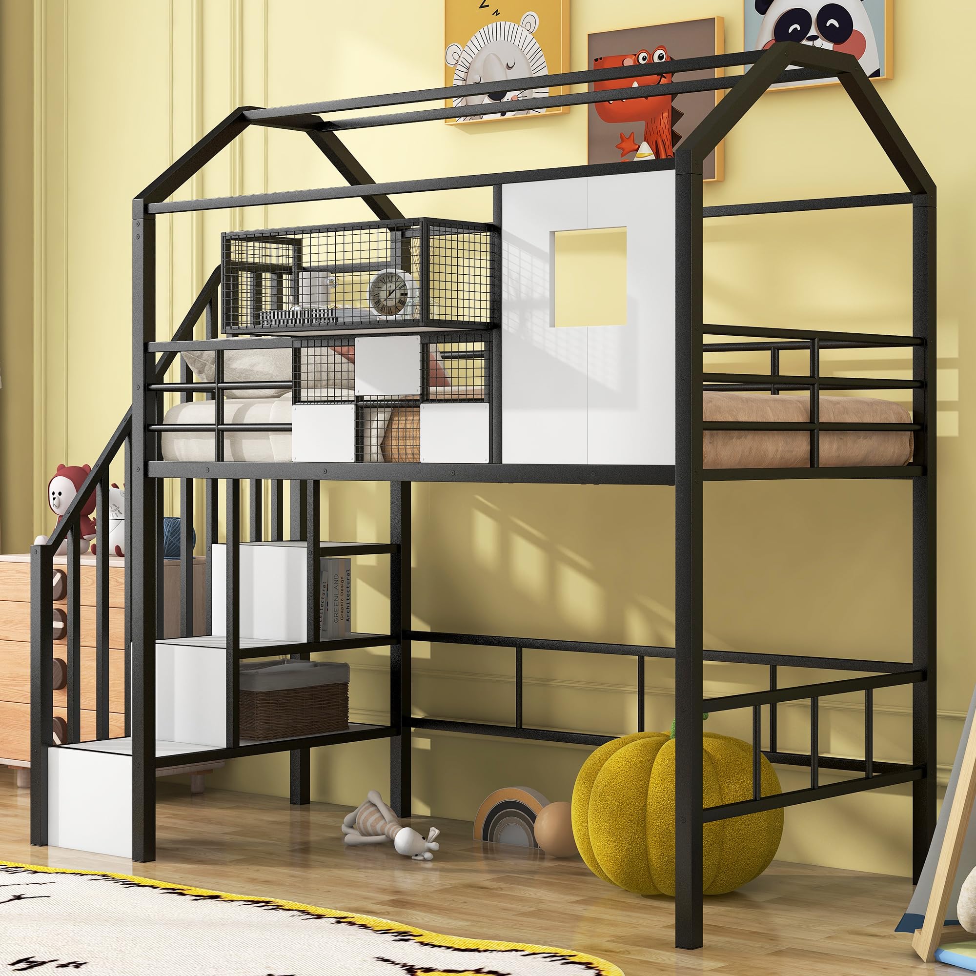 Twin Loft Bed with Storage Stairs, Roof, Window and Guardrail, House Loft Bed Twin Size/Metal Loft Bed with Storage Box, Twin Loft Bed for Kids, Girls Boys, Twin Size House Loft Bed Black