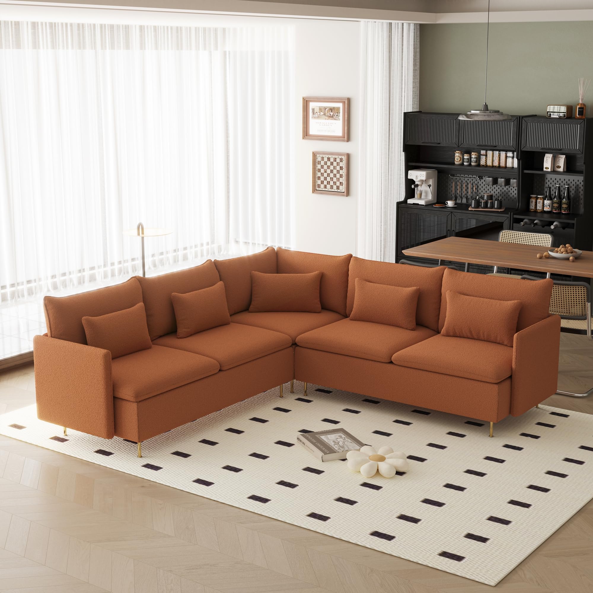 Tosaronia Modular Sectional Sofa Couch, 5 Seats Sofa Set for Living Room, L-Shaped Modern Teddy Fabric Modular Sofa Sleeper for Apartment (Orange)