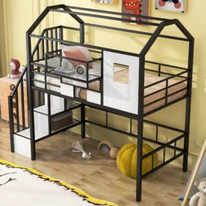 Twin Loft Bed with Storage Stairs, Roof, Window and Guardrail, House Loft Bed Twin Size/Metal Loft Bed with Storage Box, Twin Loft Bed for Kids, Girls Boys, Twin Size House Loft Bed Black