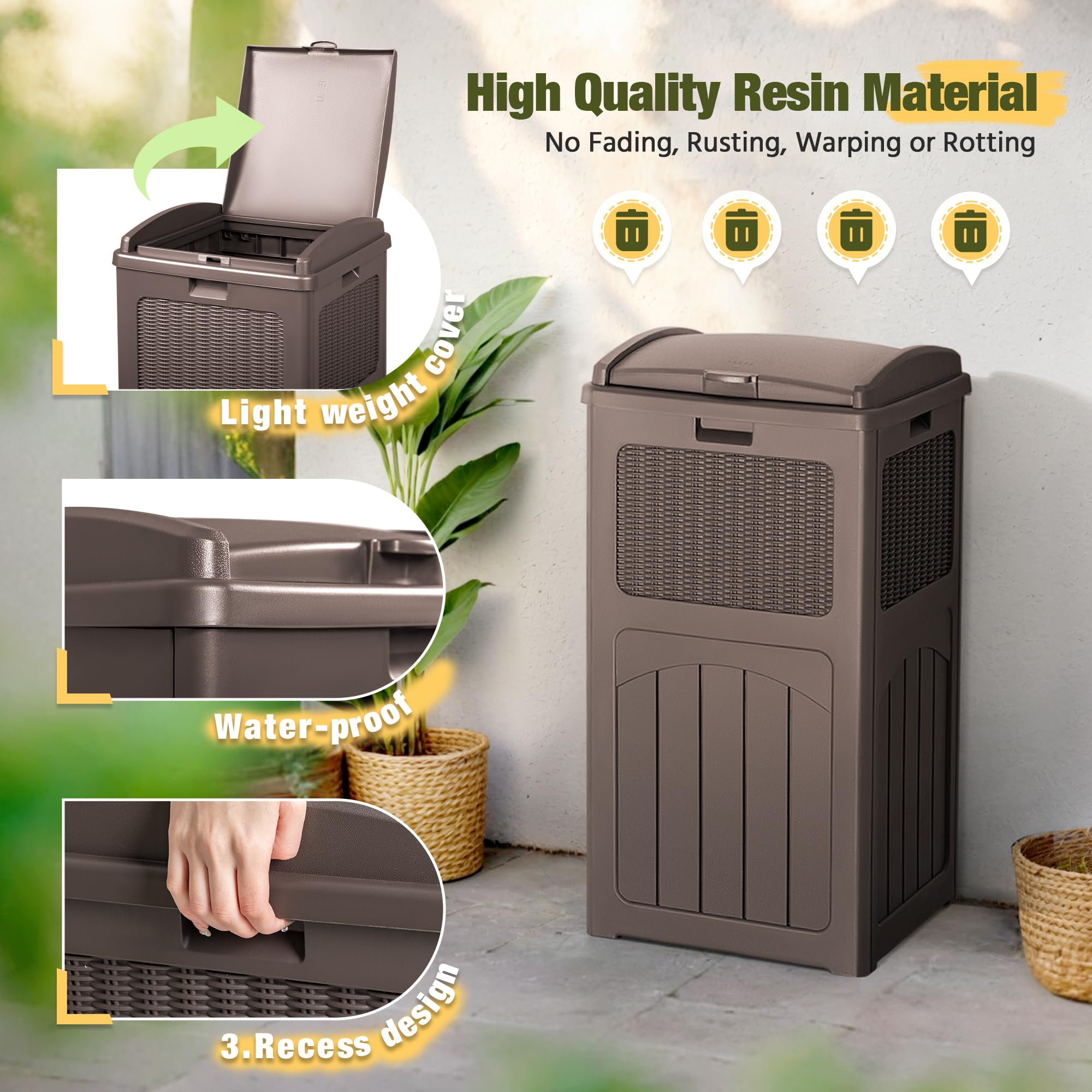 Devoko 33 Gallon Outdoor Trash Can, Hideaway Garbage Bins with Tiered Lid, Waterproof Resin Outside Waste Bins for Patio, Outside Pool, Backyard and Deck(Deep Brown)