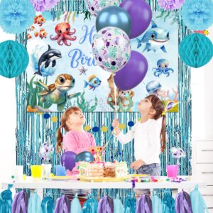 GPWXYYY Under the Sea Birthday Party Decorations, 48Pcs Turtle Theme Party Decorations Include Backdrop Banner Pom Poms Tassel Curtains Balloons for Ocean Birthday Party Decor