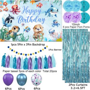 GPWXYYY Under the Sea Birthday Party Decorations, 48Pcs Turtle Theme Party Decorations Include Backdrop Banner Pom Poms Tassel Curtains Balloons for Ocean Birthday Party Decor