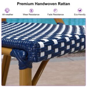 PURPLE LEAF French Country Outdoor Counter Height Bar Stools Set of 2 Patio Wicker 26 Inch High Bar Stool Chairs Metal Rattan Barstools with Ergonomic Backs for Garden Indoor Kitchen Island, Navy Blue