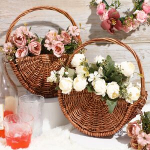 Willinglong 2 Pcs Wicker Flower Girl Baskets Small Wicker Basket with Handle Boho Wedding Baskets Half Moon Wicker Flower Basket Rattan Woven Gift Basket for Wedding Party Bridal Shower (Dark Color)