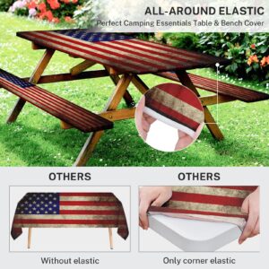 Britown American Flag Vintage Picnic Table Cover with Bench Covers, Military Fitted Rectangle Table Cover, Outdoor Patio Camping Essentials 6FT 3PCS, Camping Fitted Tablecloth with Drawstring Bag