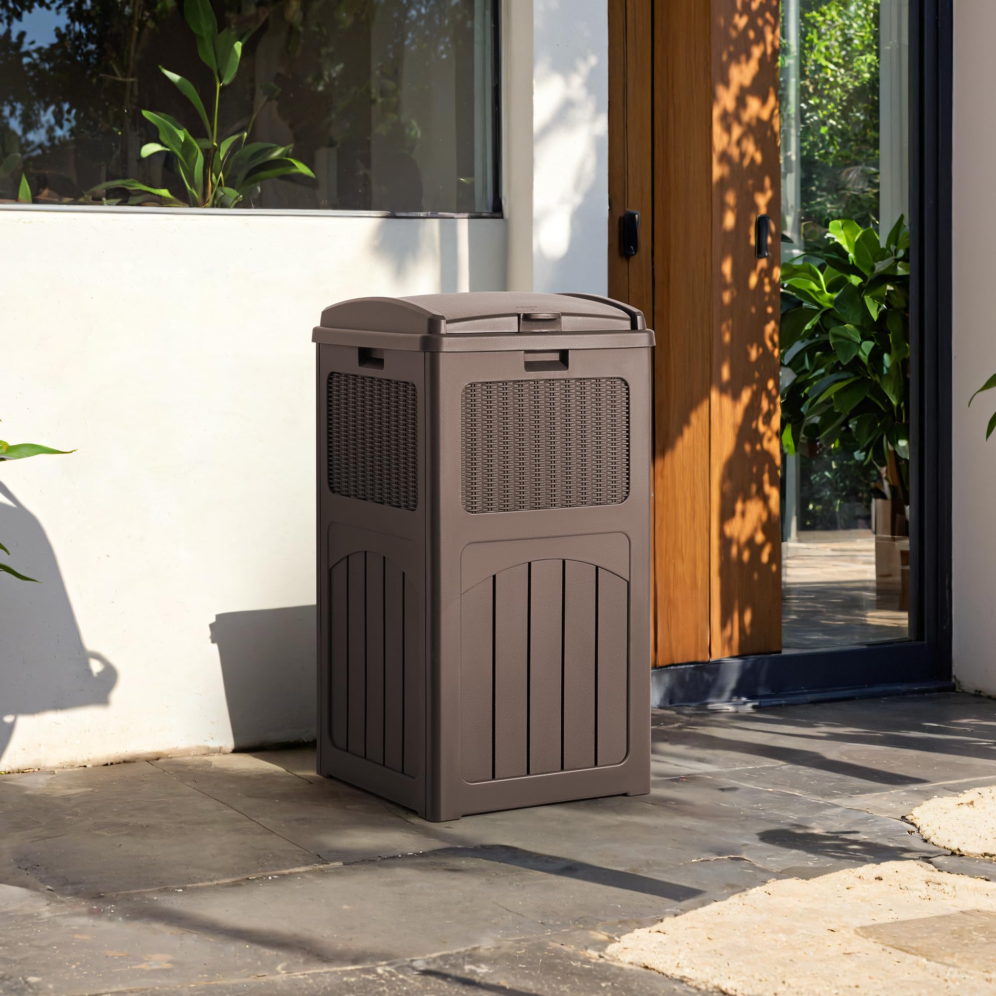 Devoko 33 Gallon Outdoor Trash Can, Hideaway Garbage Bins with Tiered Lid, Waterproof Resin Outside Waste Bins for Patio, Outside Pool, Backyard and Deck(Deep Brown)