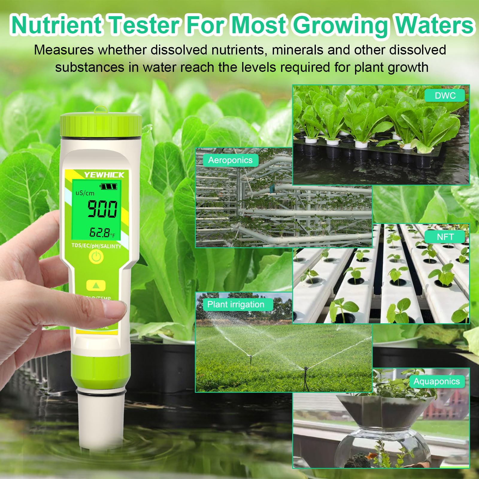 Yewhick Pool Salt Tester pH Meter, Digital 5 in 1 pH EC TDS Temp Salinity Tester for Saltwater Pool Hot Tubs Spa Aquarium, pH and EC PPM Meter for Nutrients Growing