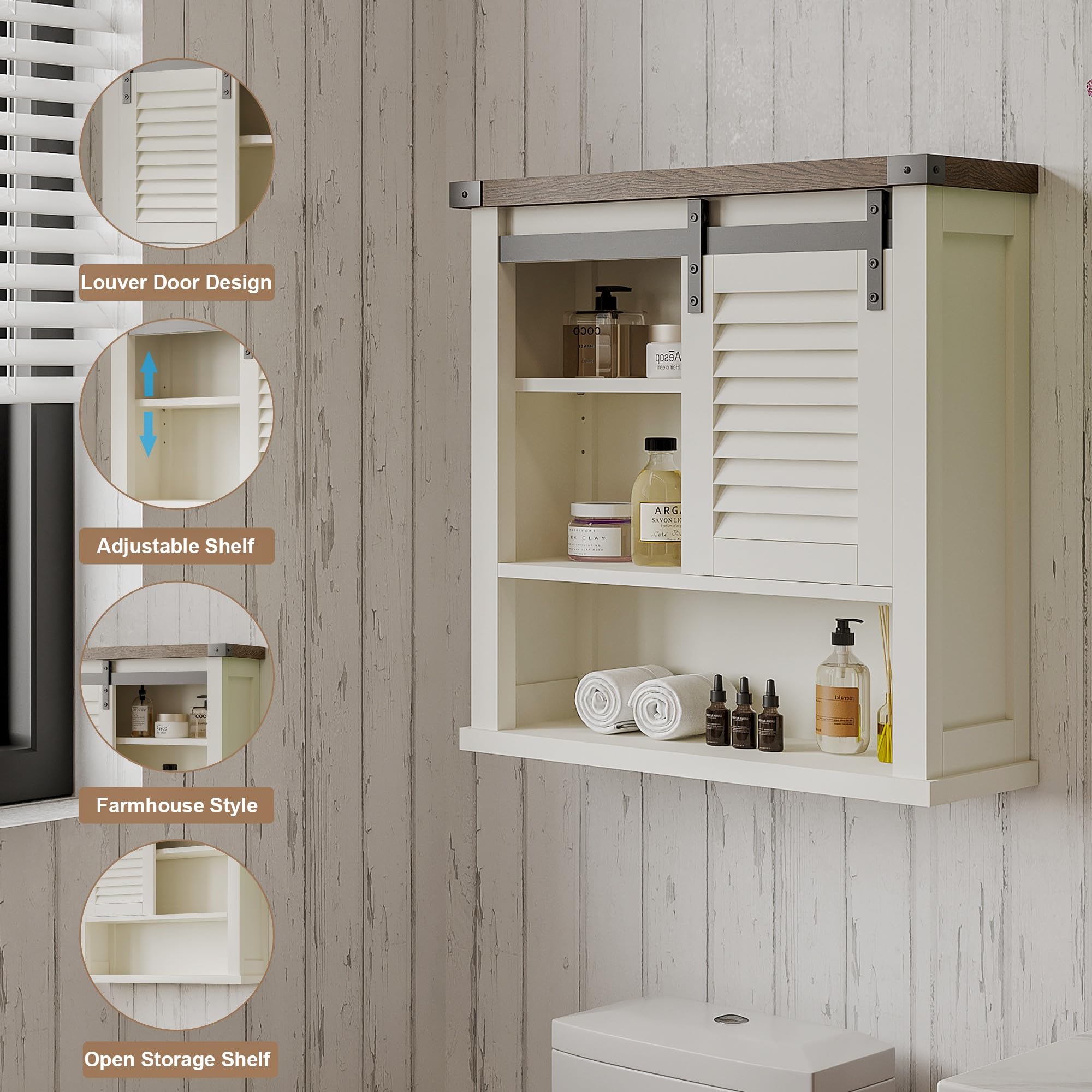 ChooChoo Bathroom Wall Cabinet, Medicine Cabinets for Bathroom with Sliding Barn Door, Decorative Farmhouse Wall Cabinet with Adjustable Shelves Space Saver, Farmhouse White