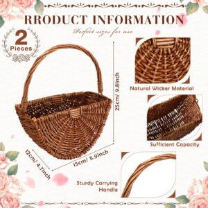 Willinglong 2 Pcs Wicker Flower Girl Baskets Small Wicker Basket with Handle Boho Wedding Baskets Half Moon Wicker Flower Basket Rattan Woven Gift Basket for Wedding Party Bridal Shower (Dark Color)