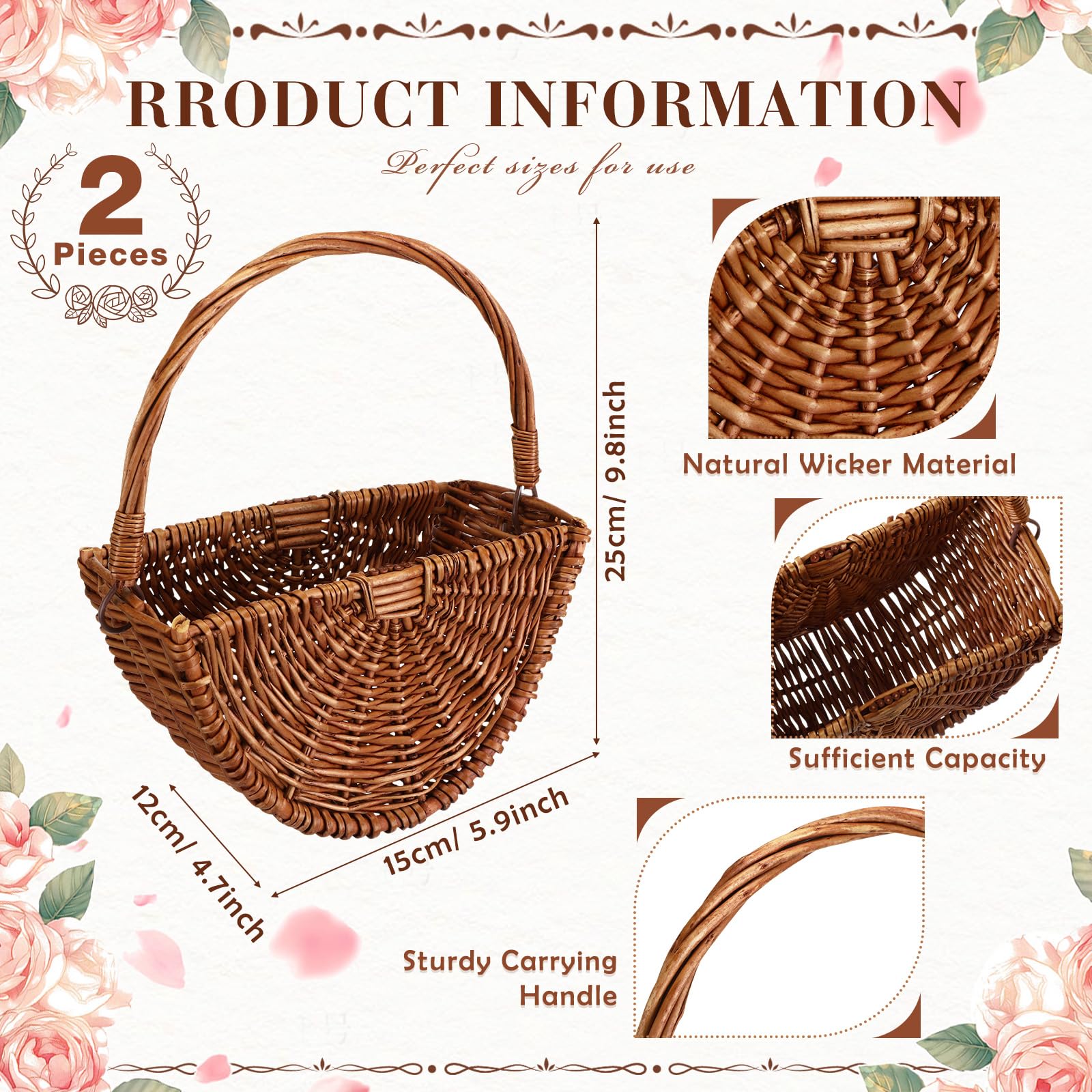 Willinglong 2 Pcs Wicker Flower Girl Baskets Small Wicker Basket with Handle Boho Wedding Baskets Half Moon Wicker Flower Basket Rattan Woven Gift Basket for Wedding Party Bridal Shower (Dark Color)