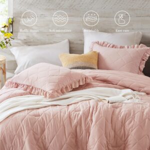 Degrees of Comfort Pink/Blush Ruffle Bedding Set, Shabby Chic Farmhouse Twin Size Comforter, Boho Fluffy Cozy Washed Microfiber Bed Sets for Girls, 3 Piece with Ruffled Pillow Shams