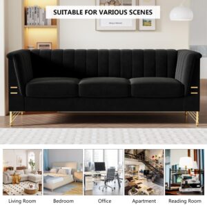 mikibama Modern Velvet Sofa, 83 Inch Chesterfield Sofa Couch, Luxury 3 Seater Comfy Couch with Gold Metal Legs for Living Room, Bedroom, Apartment (Black)