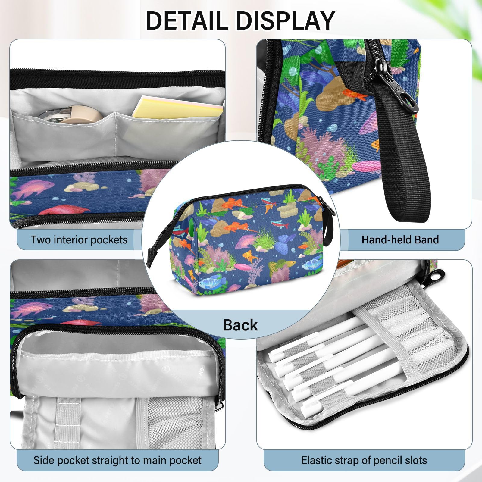 PJGINUIUA Pencil Case School Supplies Pouch, Ocean Fish Nylon Handheld Pen Bag Big Makeup Bag for Teen Boys Girls School Students