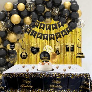 black and gold birthday decorations black gold balloons party supplies with banner hanging swirls curtains tablecloth cake toppers for men women gold black birthday father's day party decorations