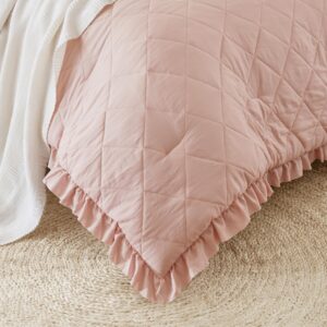 Degrees of Comfort Pink/Blush Ruffle Bedding Set, Shabby Chic Farmhouse Twin Size Comforter, Boho Fluffy Cozy Washed Microfiber Bed Sets for Girls, 3 Piece with Ruffled Pillow Shams