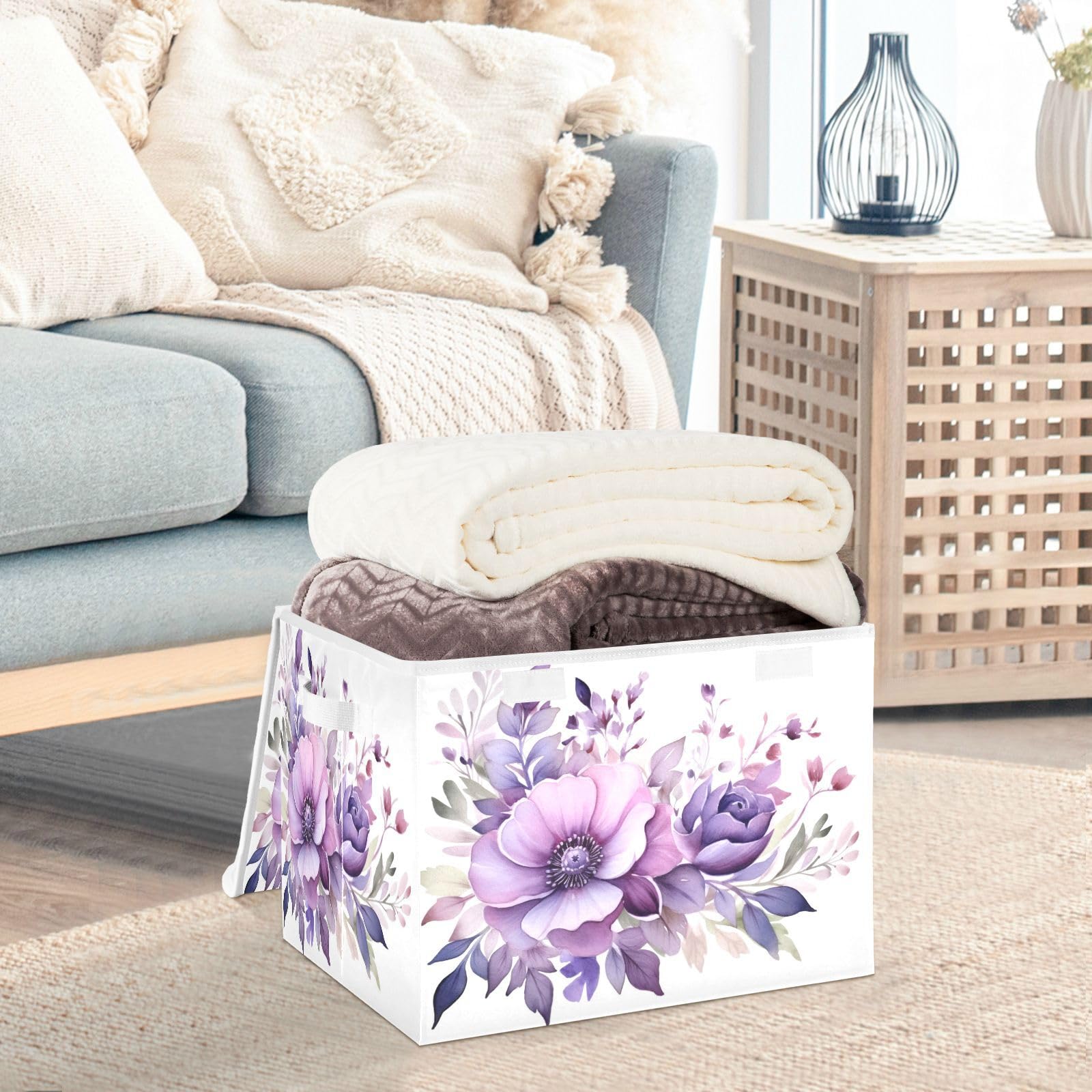 senya Baskets Collapsible Storage Bins with Lids, Purple Rose Leaves Storage Boxes Clothes Baskets for Organizing