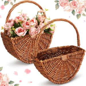 willinglong 2 pcs wicker flower girl baskets small wicker basket with handle boho wedding baskets half moon wicker flower basket rattan woven gift basket for wedding party bridal shower (dark color)