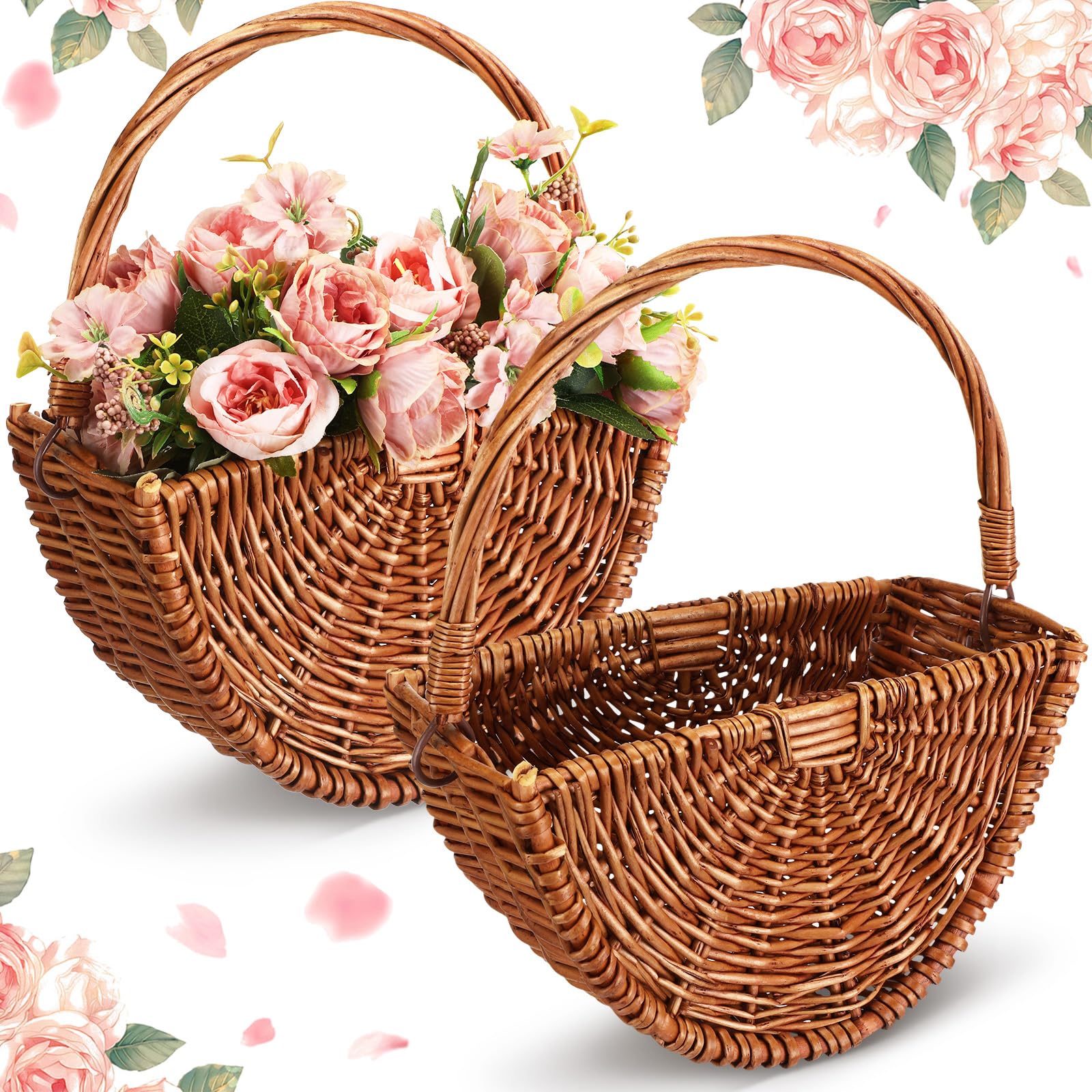 Willinglong 2 Pcs Wicker Flower Girl Baskets Small Wicker Basket with Handle Boho Wedding Baskets Half Moon Wicker Flower Basket Rattan Woven Gift Basket for Wedding Party Bridal Shower (Dark Color)