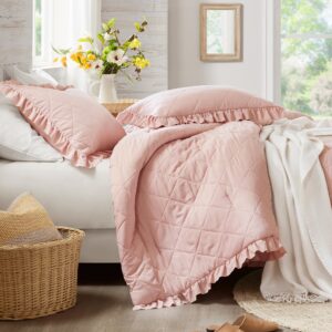 Degrees of Comfort Pink/Blush Ruffle Bedding Set, Shabby Chic Farmhouse Twin Size Comforter, Boho Fluffy Cozy Washed Microfiber Bed Sets for Girls, 3 Piece with Ruffled Pillow Shams