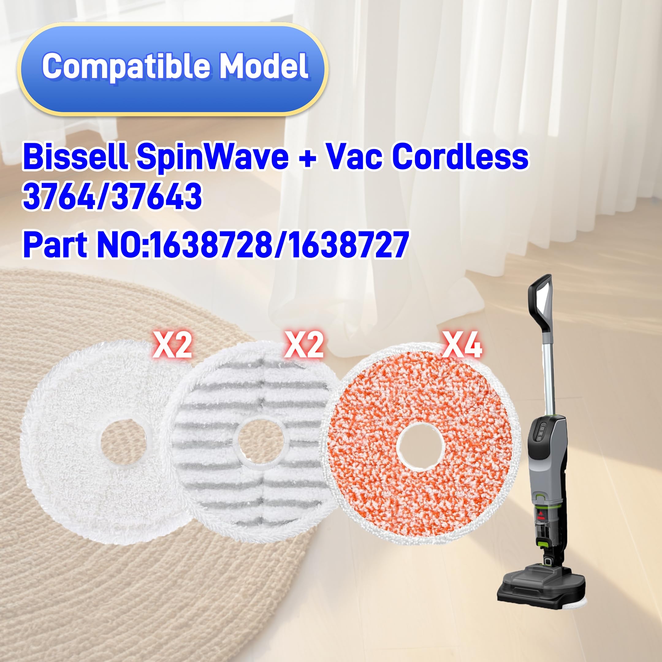 37643 Replacement Mop Pads Compatible with Bissell SpinWave + Vac All-in-One Powered Spin 3764 and 37643,Washable and Reusable 8-Pack