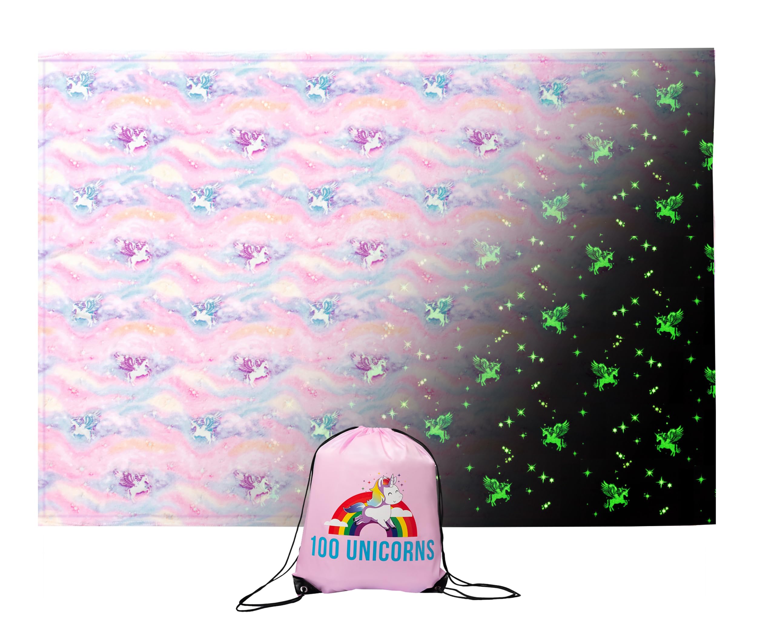 100 UNICORNS Glow in The Dark Unicorn Blanket | Ultra Soft | A Plush, Cozy & Fluffy Throw | Fun Gift for The Birthday Girl | Great Addition to Your Kids or Baby Bedroom Decor and Toys | Pink & Purple