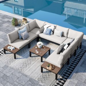 sophia & william 9pcs outdoor patio furniture set, metal sectional sofa set patio conversation set with beige cushions-2 x single sofa with side table, 4 x single sofa, 1 x loveseat, 1 x tea table