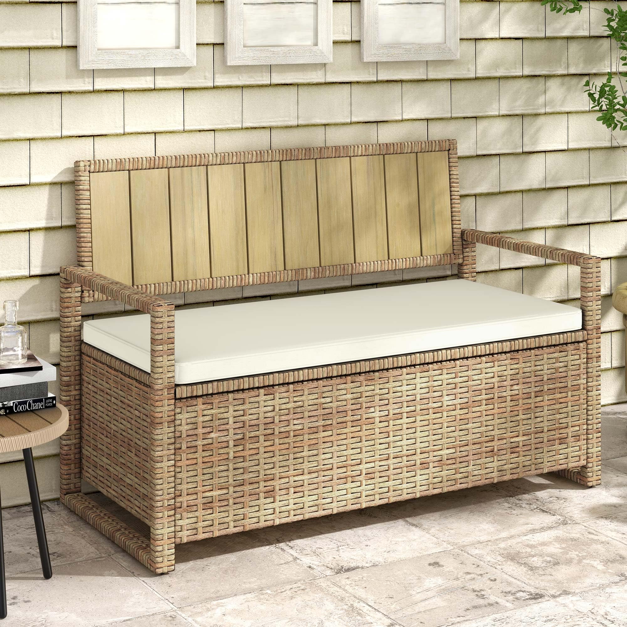 DWVO 70 Gallon Outdoor Storage Bench, Weather-Resistant Deck Box Bench, Wicker Storage with Cushion Seating for Patio, Outdoor, Pool and Garden (Tan)