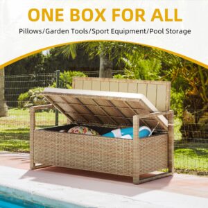 DWVO 70 Gallon Outdoor Storage Bench, Weather-Resistant Deck Box Bench, Wicker Storage with Cushion Seating for Patio, Outdoor, Pool and Garden (Tan)