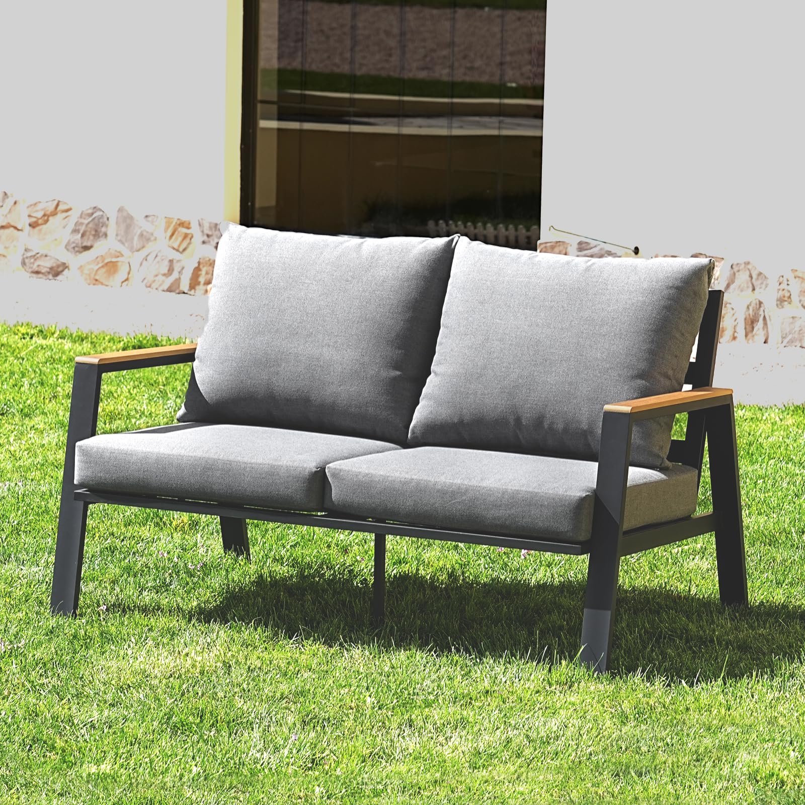 Yoneesn Aluminum Patio Loveseat 2 Seat Outdoor Sofa All Weather Indoor or Outdoor Sofa for 2 Outdoor Deck Couch, Dark Grey