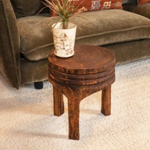 Creative Co-Op Round Paulownia Wood Carved Stool with Charred Finish, Natural