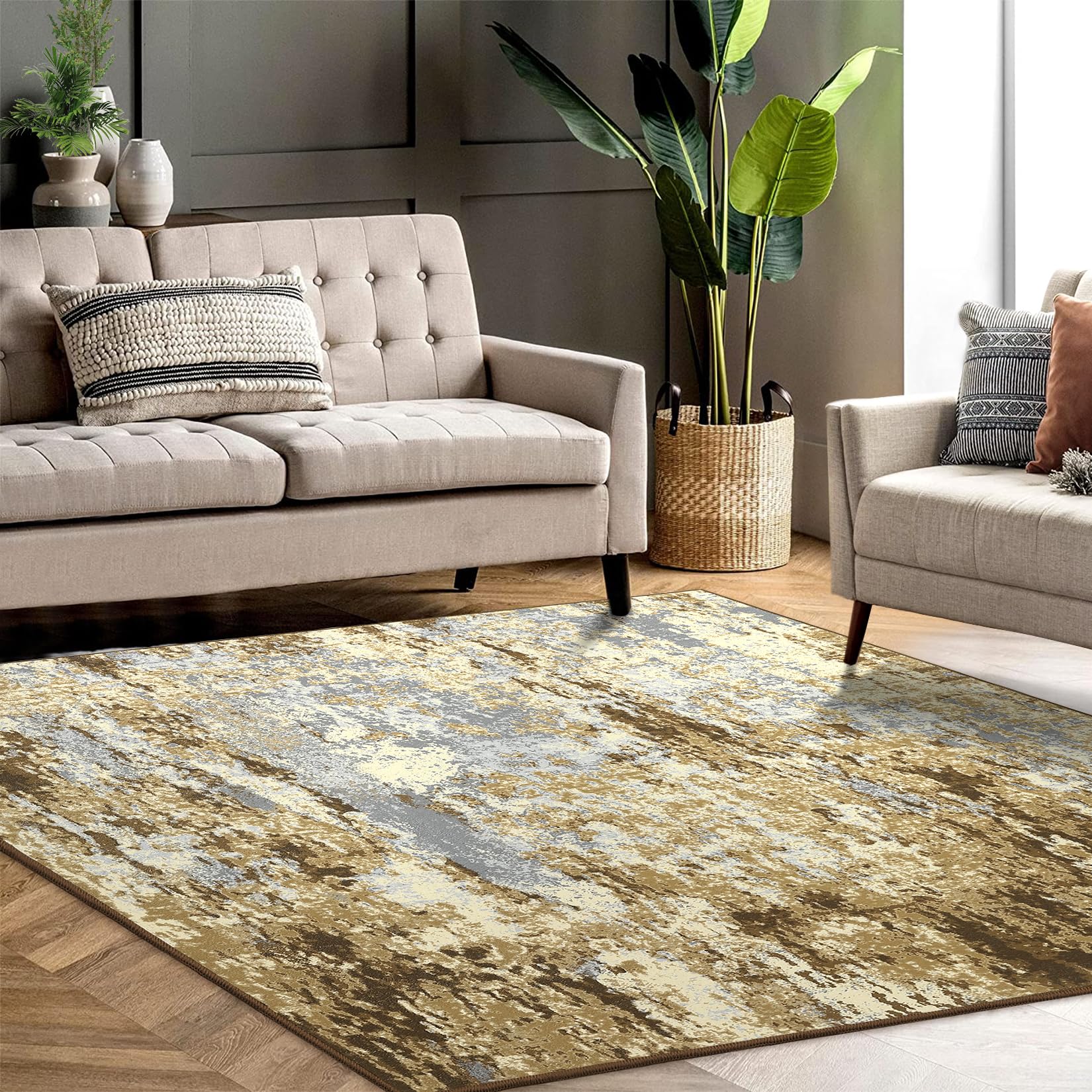 CAROMIO Bedroom Rug 4x6 Washable Indoor Non-Slip Floor Carpet Modern Abstract Rug Low-Pile Stain Resistant Contemporary Rug for Living Room Bedroom Kitchen, Khaki