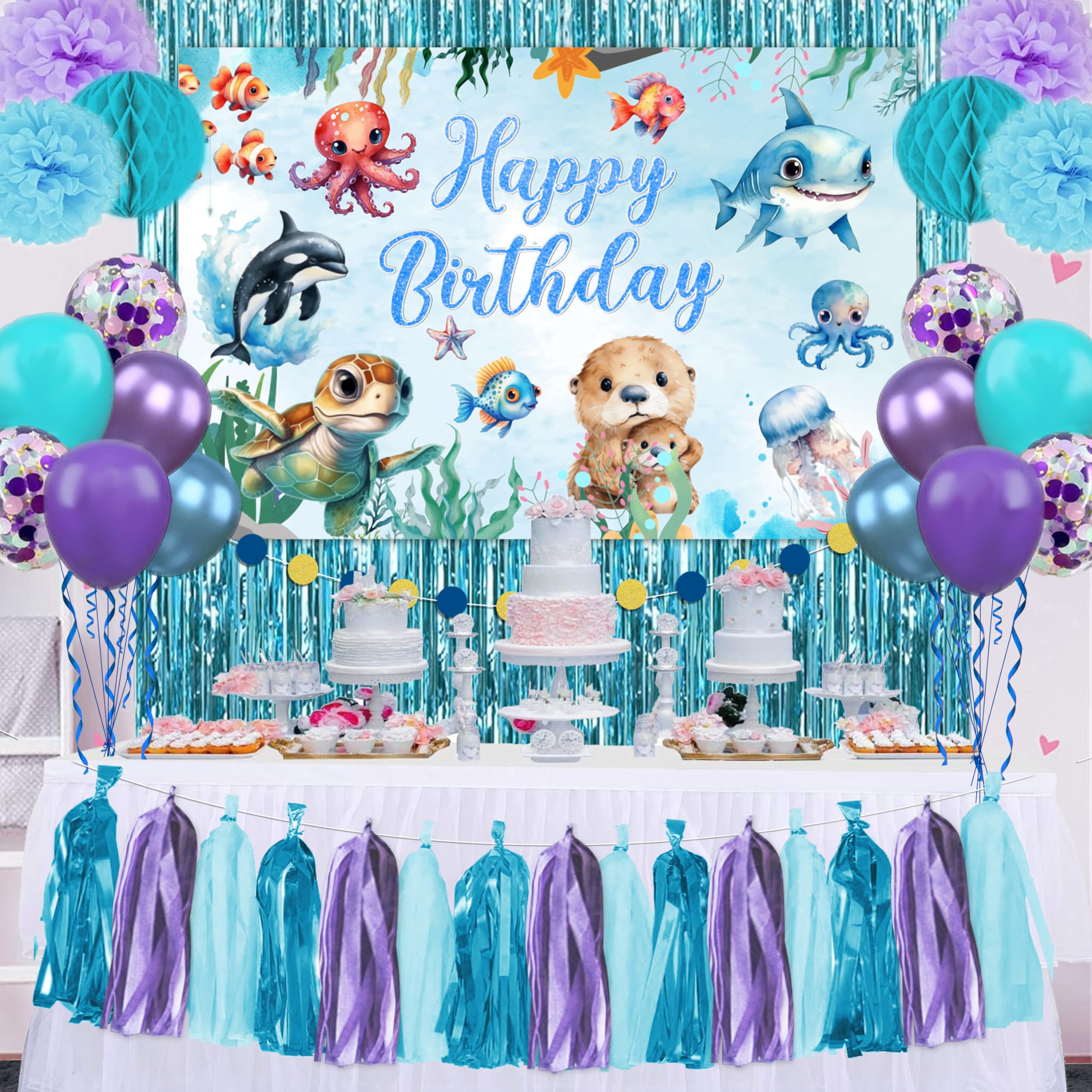 GPWXYYY Under the Sea Birthday Party Decorations, 48Pcs Turtle Theme Party Decorations Include Backdrop Banner Pom Poms Tassel Curtains Balloons for Ocean Birthday Party Decor