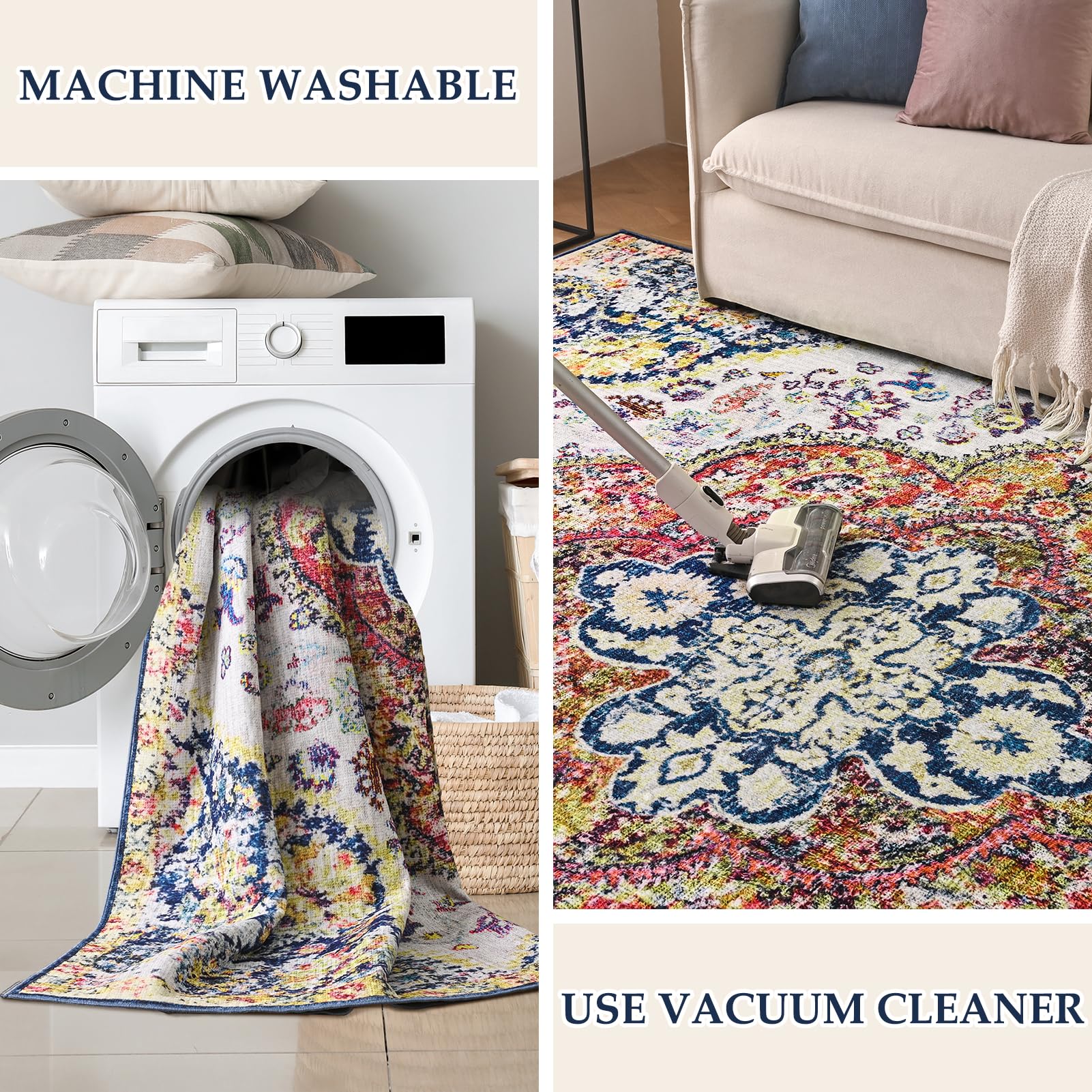 VK·LIVING Washable Rug 6'x 9' Machine Washable Area Rugs for Living Room Area Rugs with Non Slip Rug for Bedroom Colorful Boho Rug Carpet Woven Rug Dining Office Machine Washable Rug (Multi-Color)