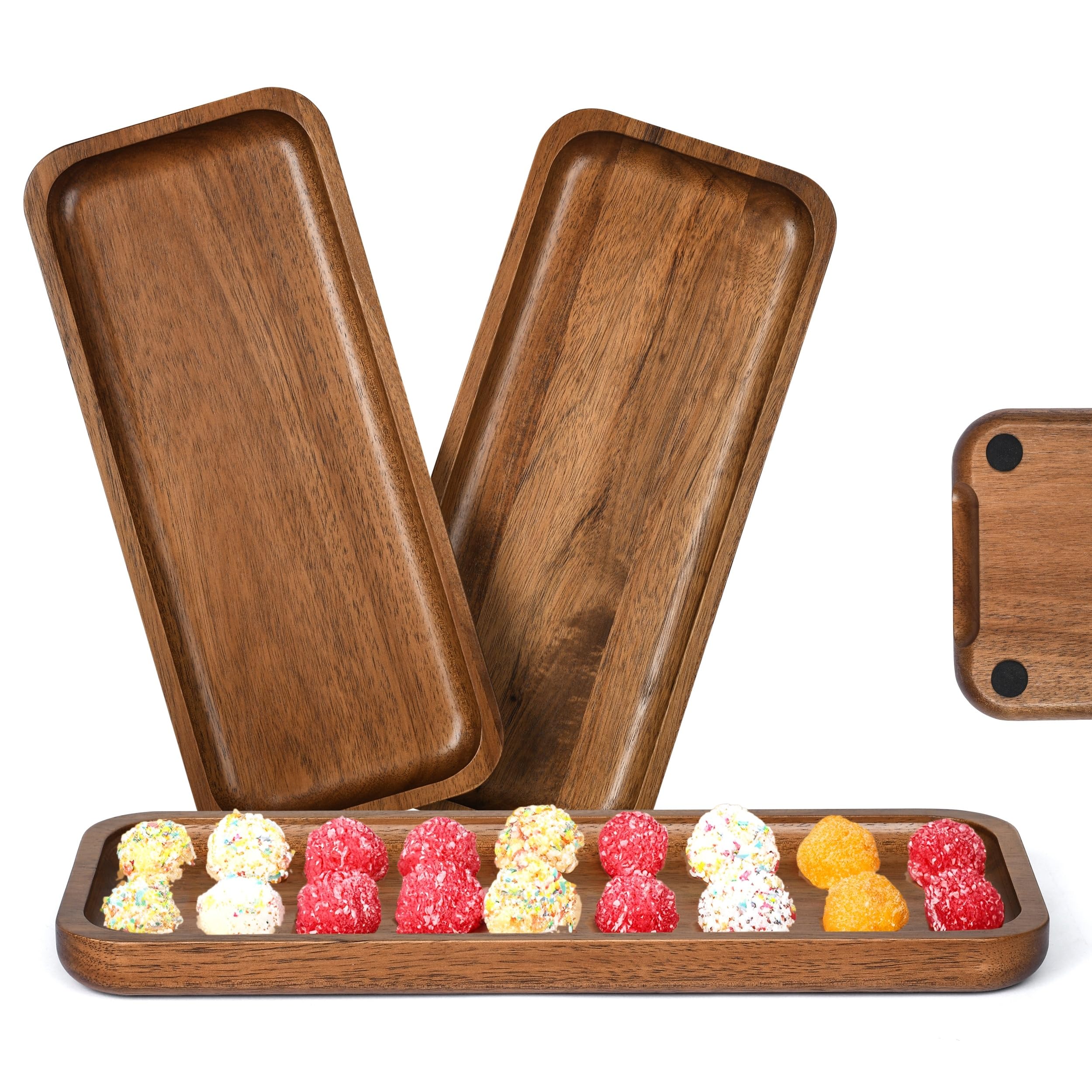 Acacia Wooden Tray Pack of 3 - Wood Serving Tray, Rectangle Cheese Tray - Charcuterie Boards, Wooden Trays for Decor, Vegetables, Fruit, Appetizer Tray (11.8 x 5.11 inches)