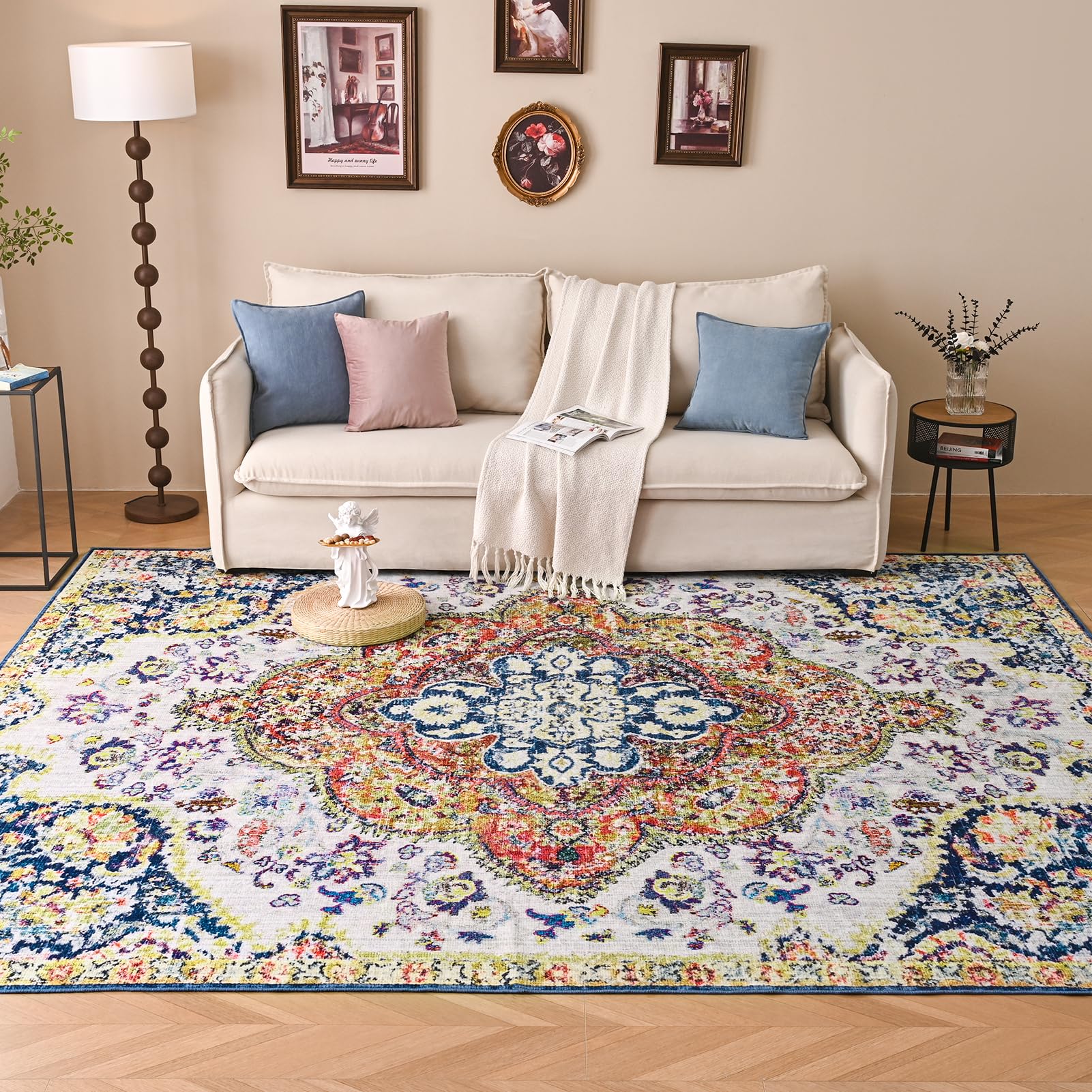 VK·LIVING Washable Rug 6'x 9' Machine Washable Area Rugs for Living Room Area Rugs with Non Slip Rug for Bedroom Colorful Boho Rug Carpet Woven Rug Dining Office Machine Washable Rug (Multi-Color)